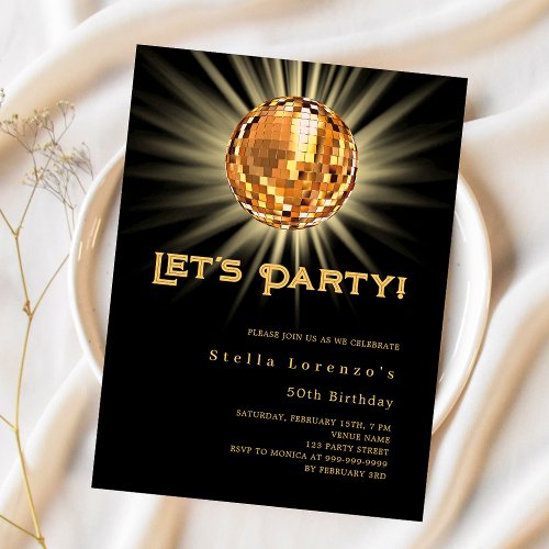Disco party black gold budget birthday invitation