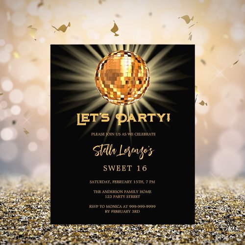 Disco party black gold Sweet 16 budget invitation