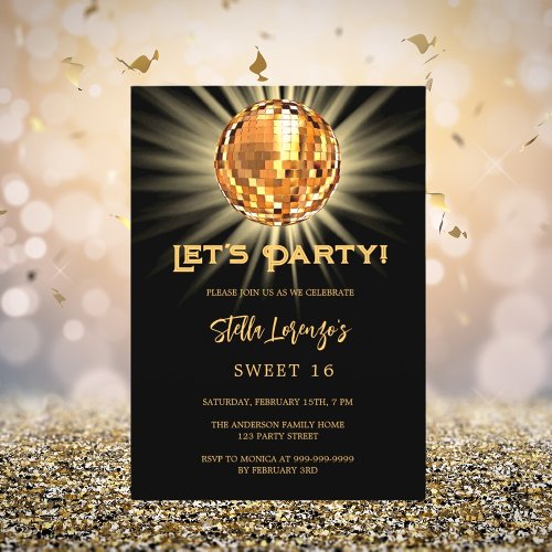 Disco party black gold Sweet 16 Invitation