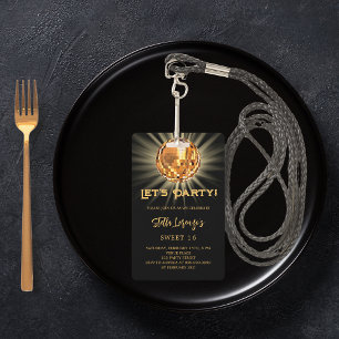 Disco party black gold Sweet 16 invitation Badge