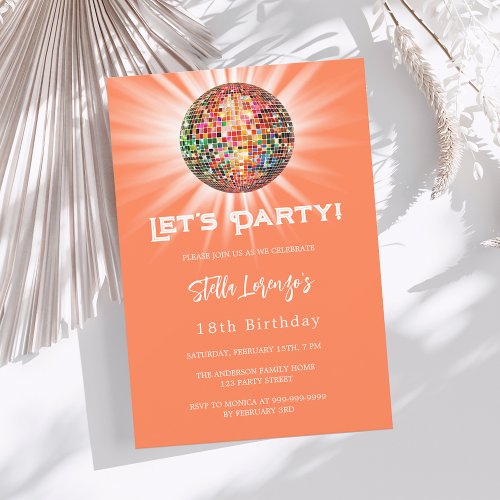 Disco party coral orange birthday invitation