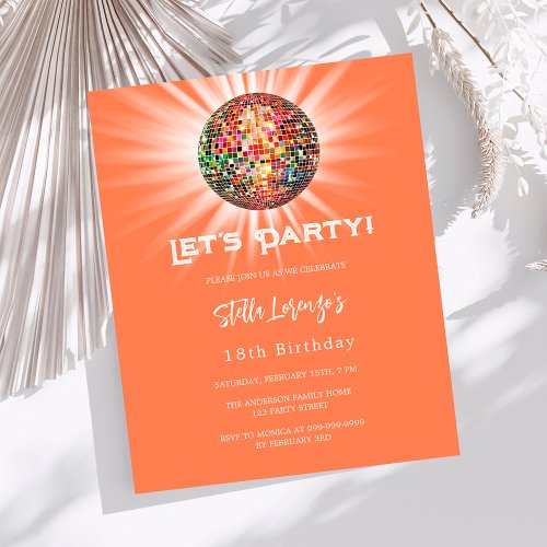 Disco party coral orange birthday invitation