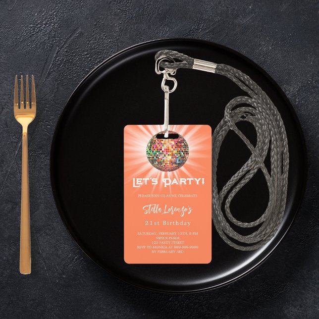 Disco party coral orange birthday invitation badge (Creator Uploaded)