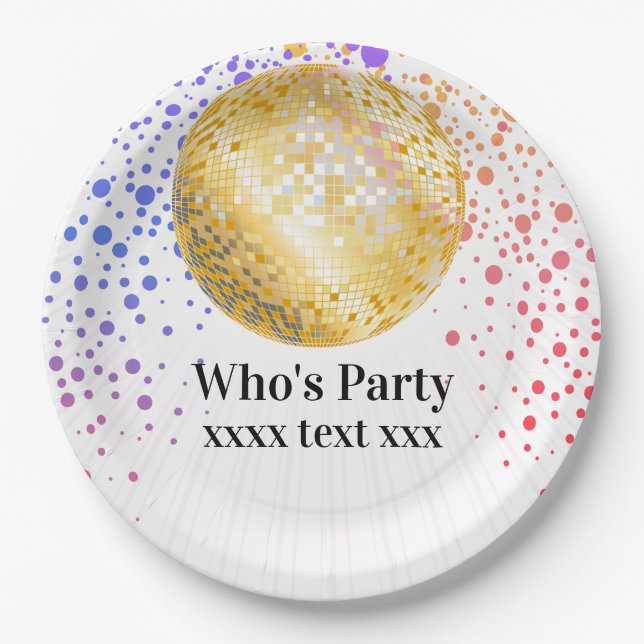 disco party dance party 70s gold disco ball paper plates (Front)