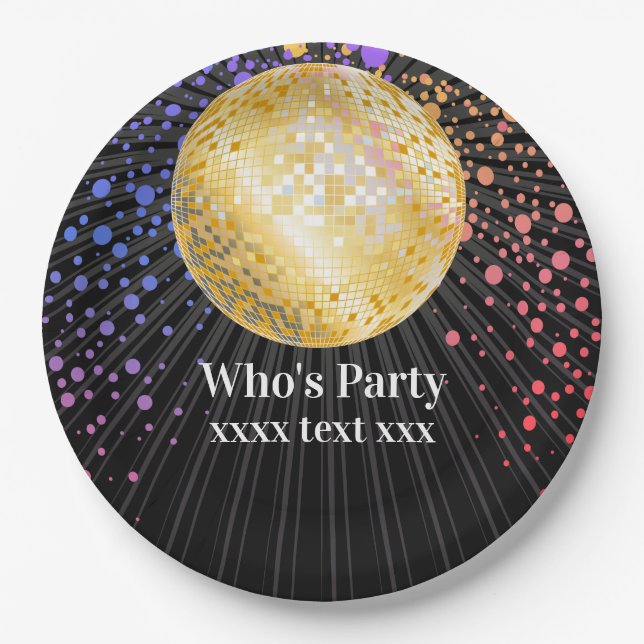 disco party dance party 70s gold disco ball paper plates (Front)