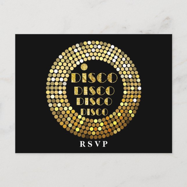 disco party dance party 70s gold disco ball rsvp i invitation postcard (Front)