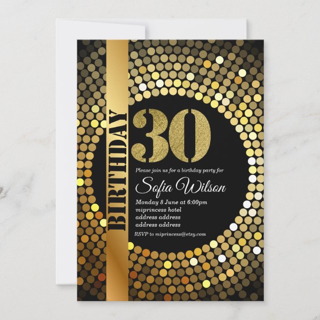 Disco party, gold, 70s, birthday party invitation (Front)