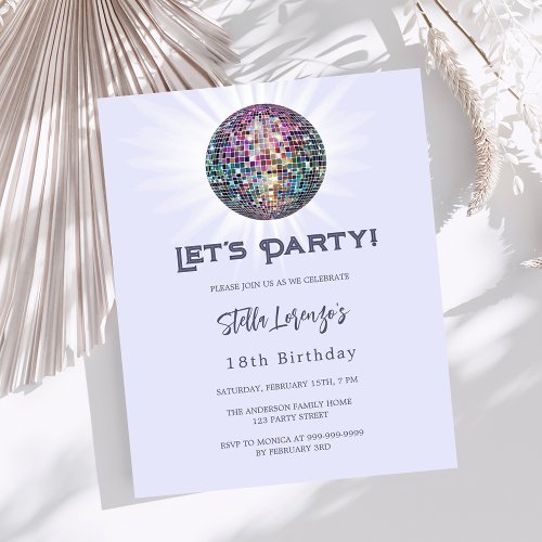 Disco party lavender violet birthday invitation