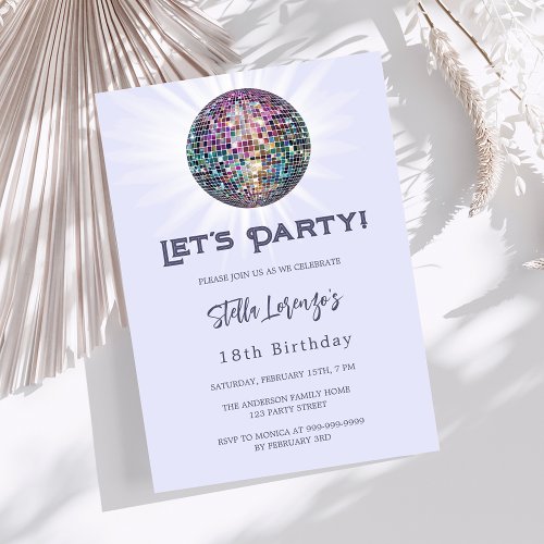 Disco party lavender violet birthday invitation