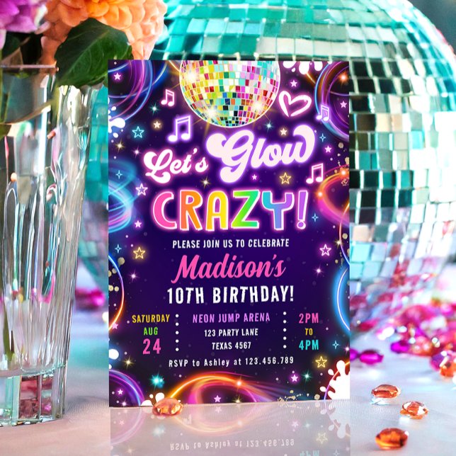 Disco Party Let's Glow Neon Glow Girl Birthday Invitation (Creator Uploaded)