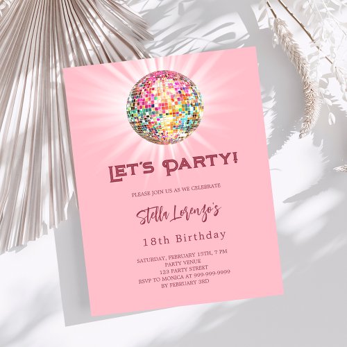 Disco party pink birthday invitation