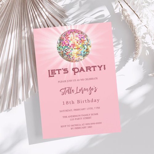 Disco party pink birthday invitation