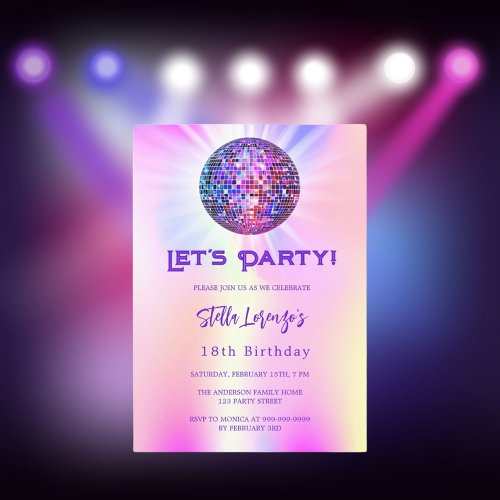 Disco party pink holographic birthday invitation