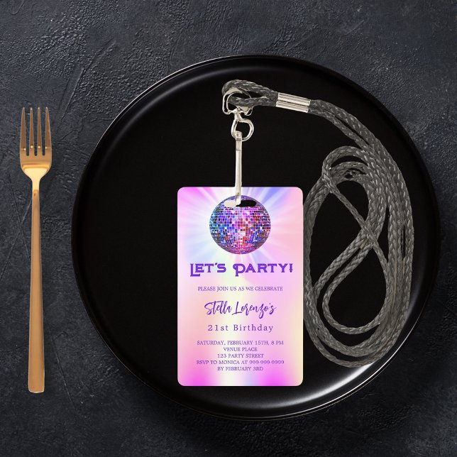 Disco party pink holographic birthday invitation badge (Creator Uploaded)