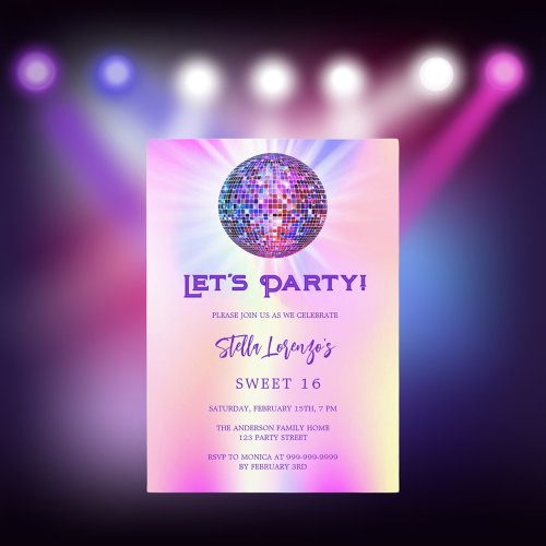 Disco party pink holographic Sweet 16 Invitation