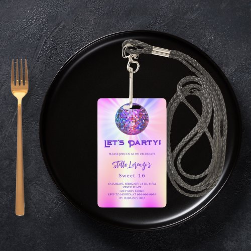 Disco party pink holographic Sweet 16 invitation Badge