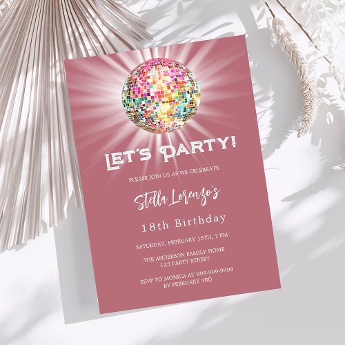 Disco party rose gold birthday invitation