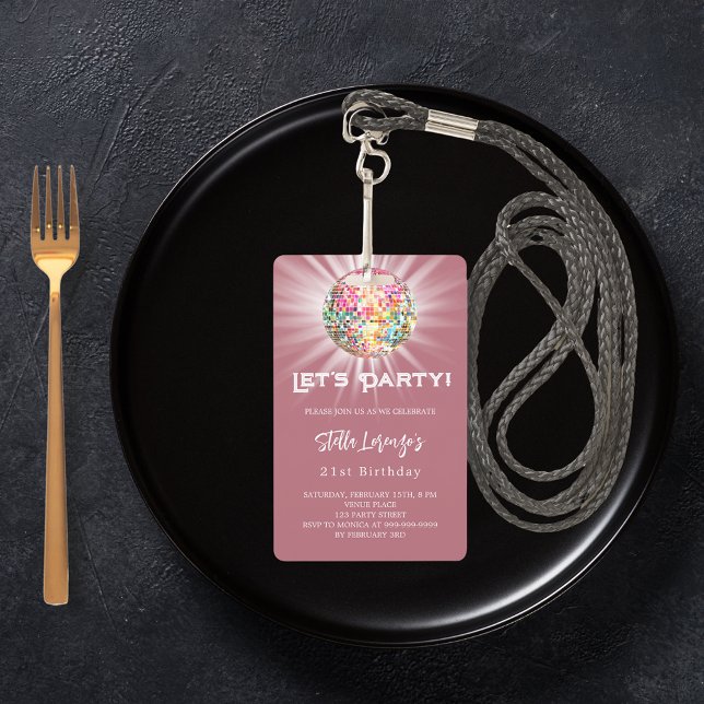 Disco party rose gold birthday invitation badge (Creator Uploaded)