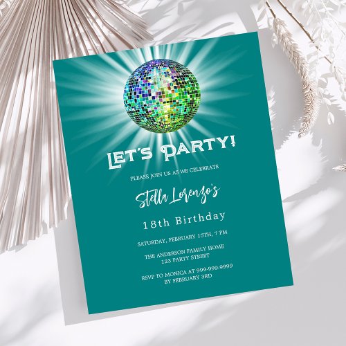 Disco party teal green birthday invitation