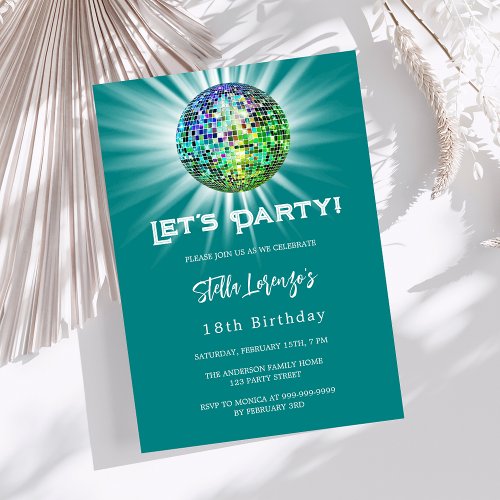 Disco party teal green birthday invitation