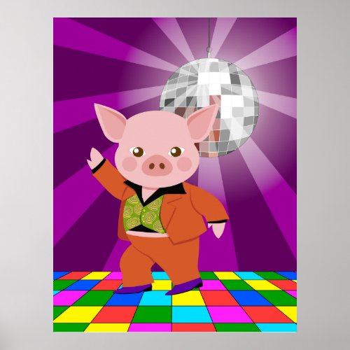Disco pig on the dance floor poster