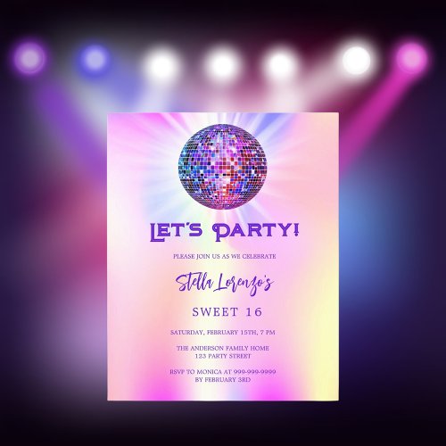 Disco pink holographic Sweet 16 budget invitation