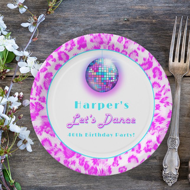 Disco Pink Leopard Print Retro Dance Birthday Paper Plates (Party in Style: 'Let's Dance' Disco Ball Party Plates for Trendy Celebrations.)