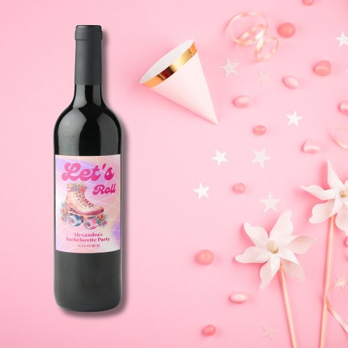 Disco Pink Retro Roller Skating  Bachelorette Part Wine Label