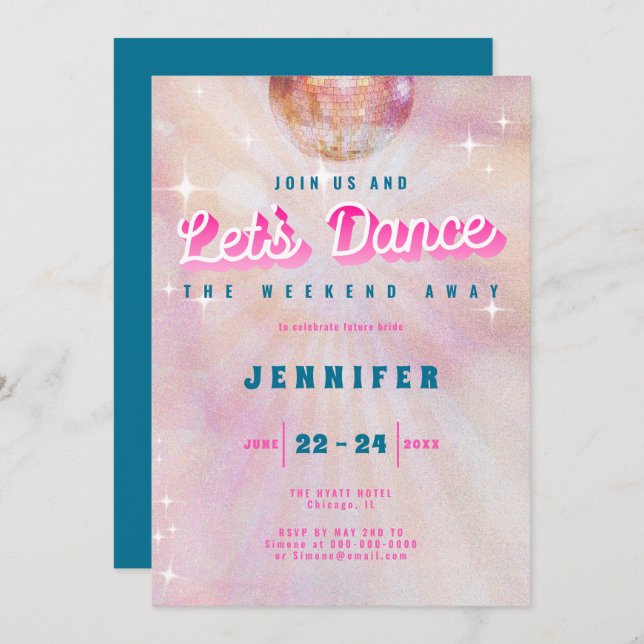 Disco Pink Teal Retro Dance Bachelorette Weekend Invitation (Front/Back)