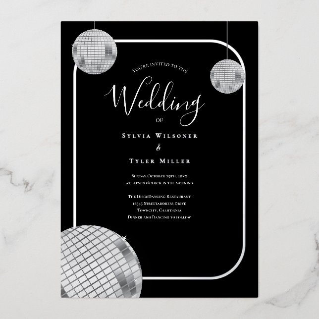 Disco Retro Black Silver Wedding Foil Invitation (Front)