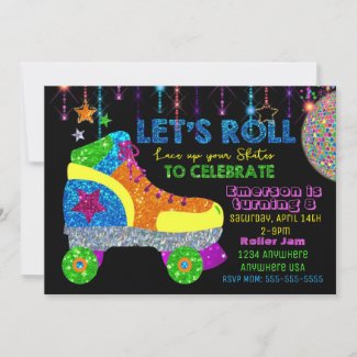 Disco Roller Skate Party, Skating, glitter Invitation