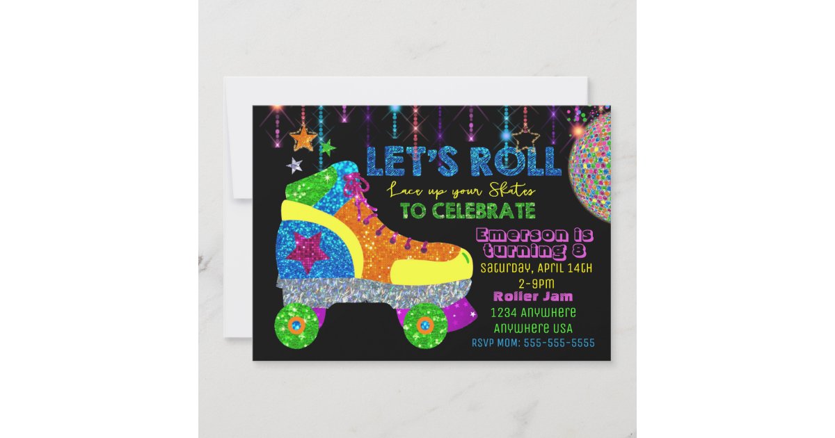 Disco Roller Skate Party, Skating, glitter Invitation | Zazzle