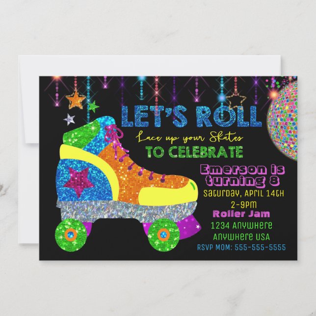 Disco Roller Skate Party, Skating, glitter Invitation (Front)