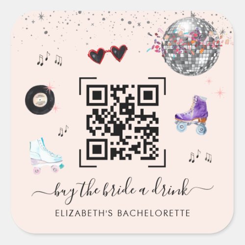 Disco Roller Skating Buy The Bride A Drink QR Code Square Sticker
