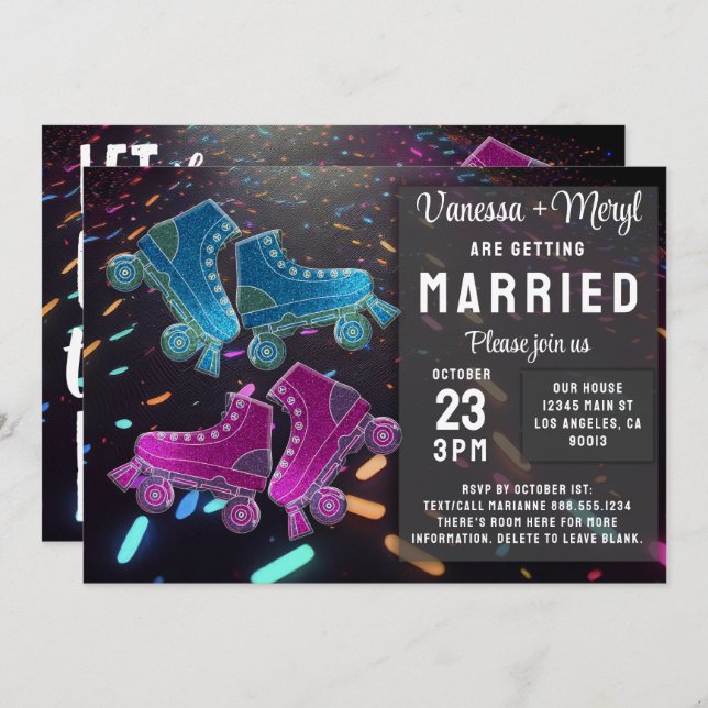 Disco Rollerskating Wedding Glitter Roller Skates Invitation (Front/Back)