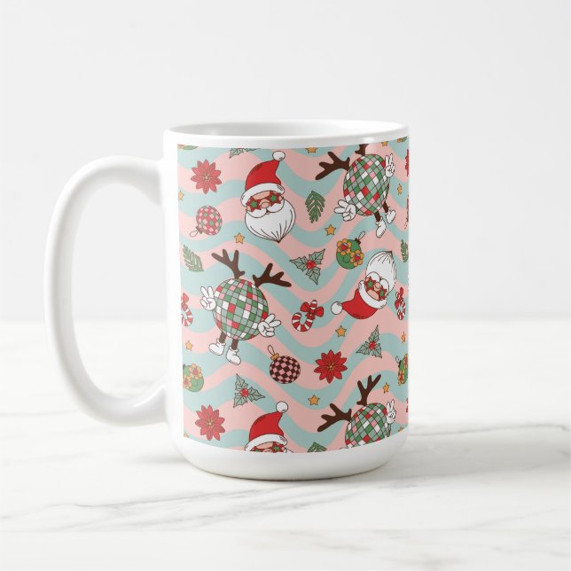 Disco Santa and Reindeer Holiday Pattern Coffee Mug (Left)