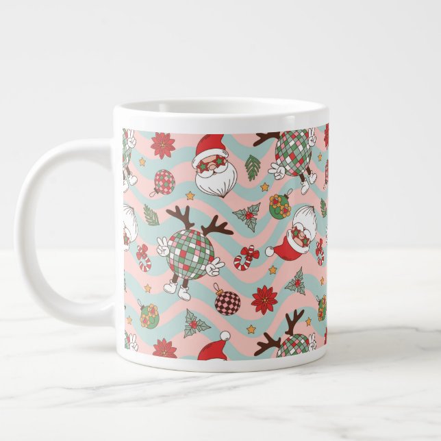 Disco Santa and Reindeer Holiday Pattern Giant Coffee Mug (Left)