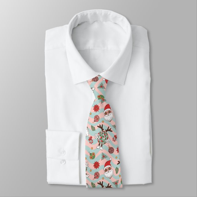 Disco Santa and Reindeer Holiday Pattern Neck Tie (Tied)