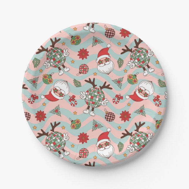 Disco Santa and Reindeer Holiday Pattern Paper Plates (Front)
