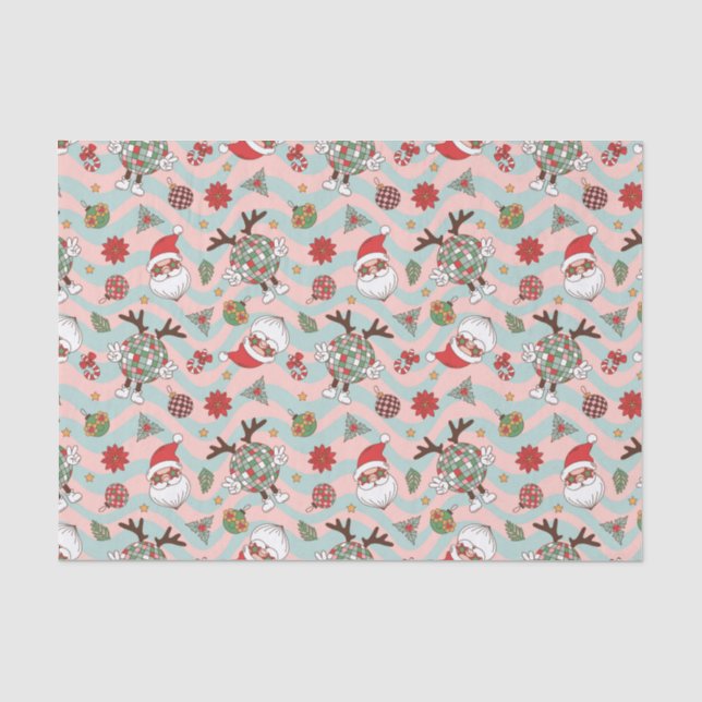 Disco Santa and Reindeer Holiday Pattern Tissue Paper (Front)