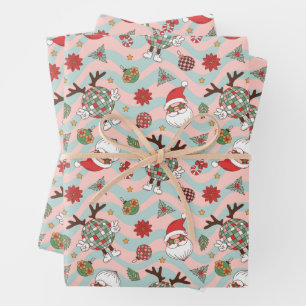 Disco Santa and Reindeer Holiday Pattern Wrapping Paper Sheets