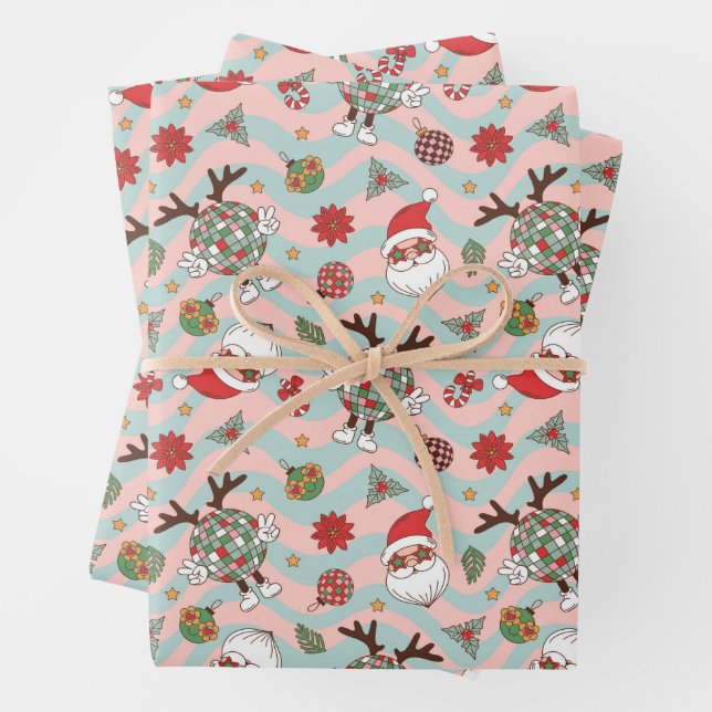 Disco Santa and Reindeer Holiday Pattern Wrapping Paper Sheets (In situ)