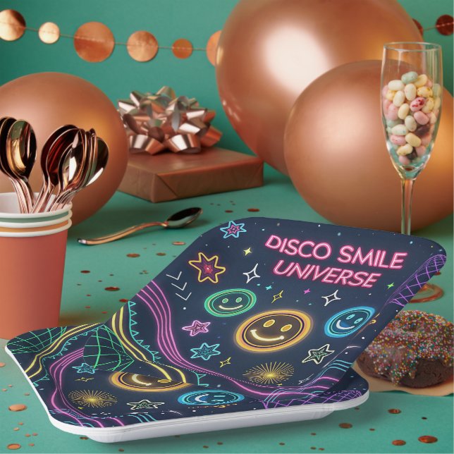 Disco Smile Universe – Funky Neon Celebration Art Paper Plates (Multi)