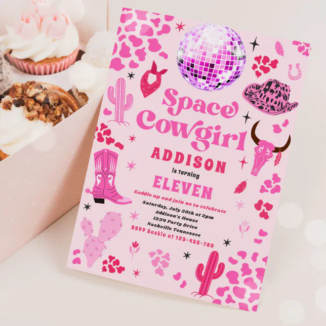 Disco Space Cowgirl Pink Rodeo Birthday Party Invitation | Zazzle