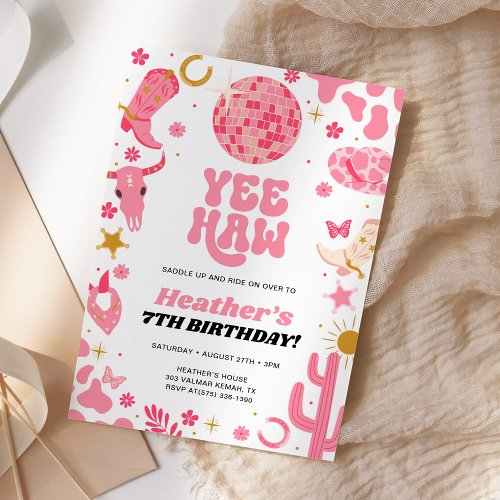 Disco Space Pink Cowgirl Western Birthday  Invitation