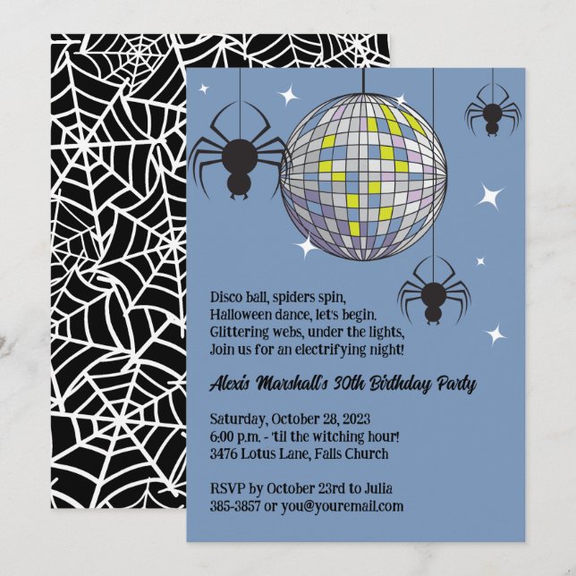Disco Spiders Halloween Blue Retro Costume Party Invitation (Front/Back)