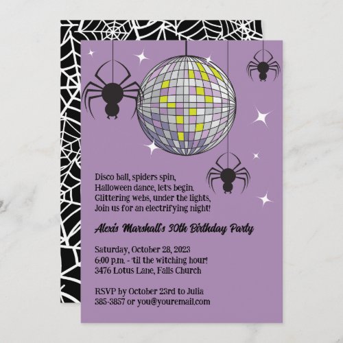 Disco Spiders Halloween Purple Retro Costume Party Invitation