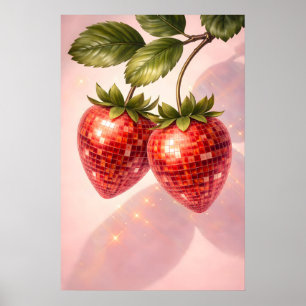Disco Strawberry Print, Retro Disco Ball Fruit Poster