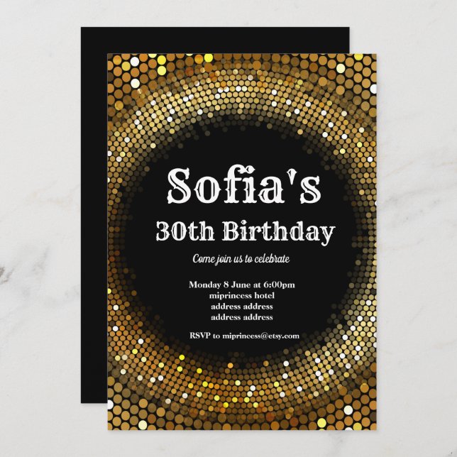 Disco theme, gold birthday party invitation (Front/Back)