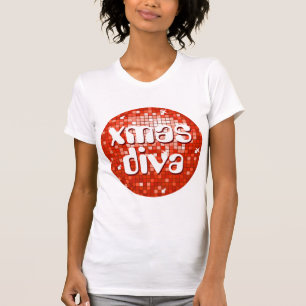 Disco Tiles Red 'xmas diva' ladies petite white T-Shirt